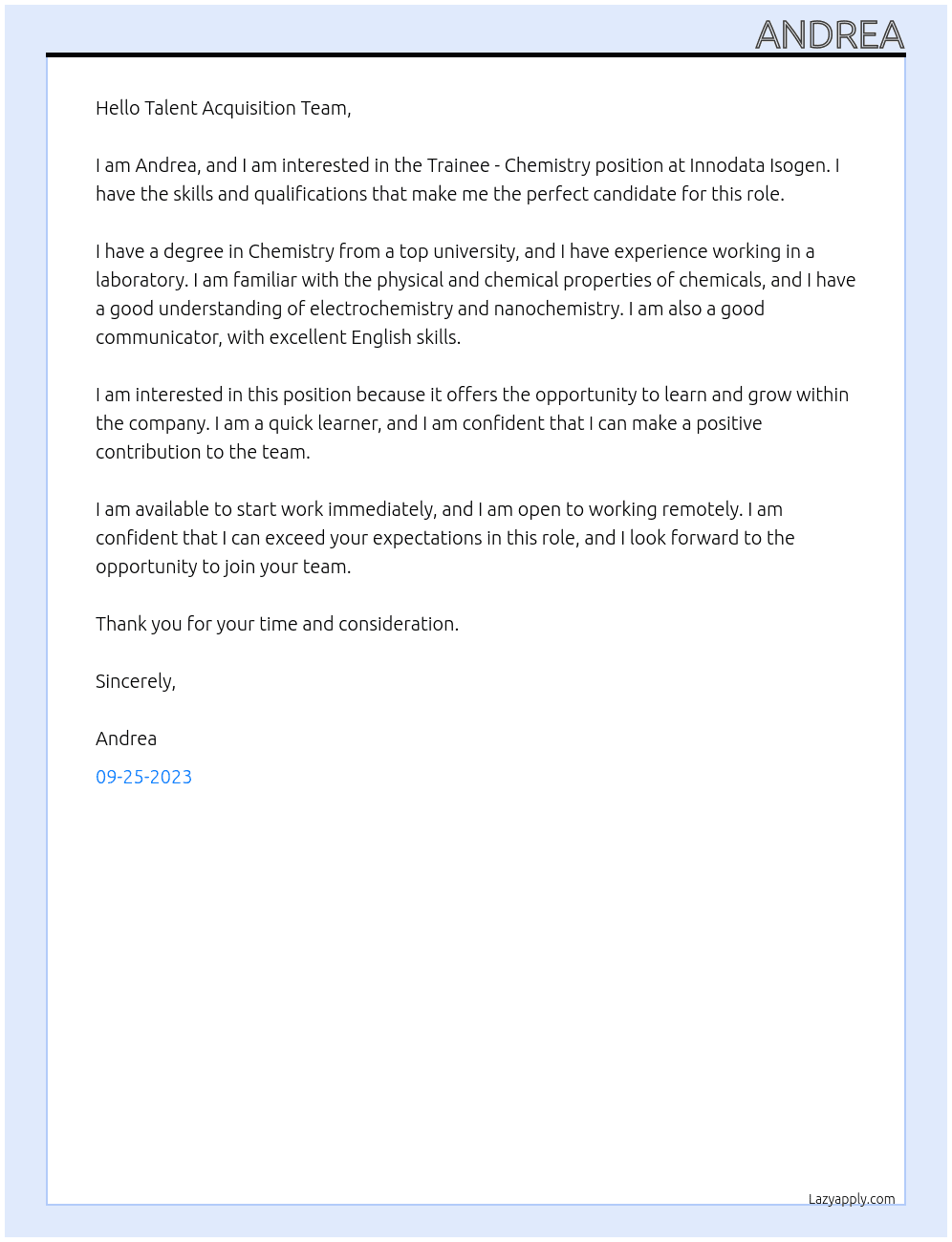 Trainee - Chemistry  At Innodata Isogen Cover Letter