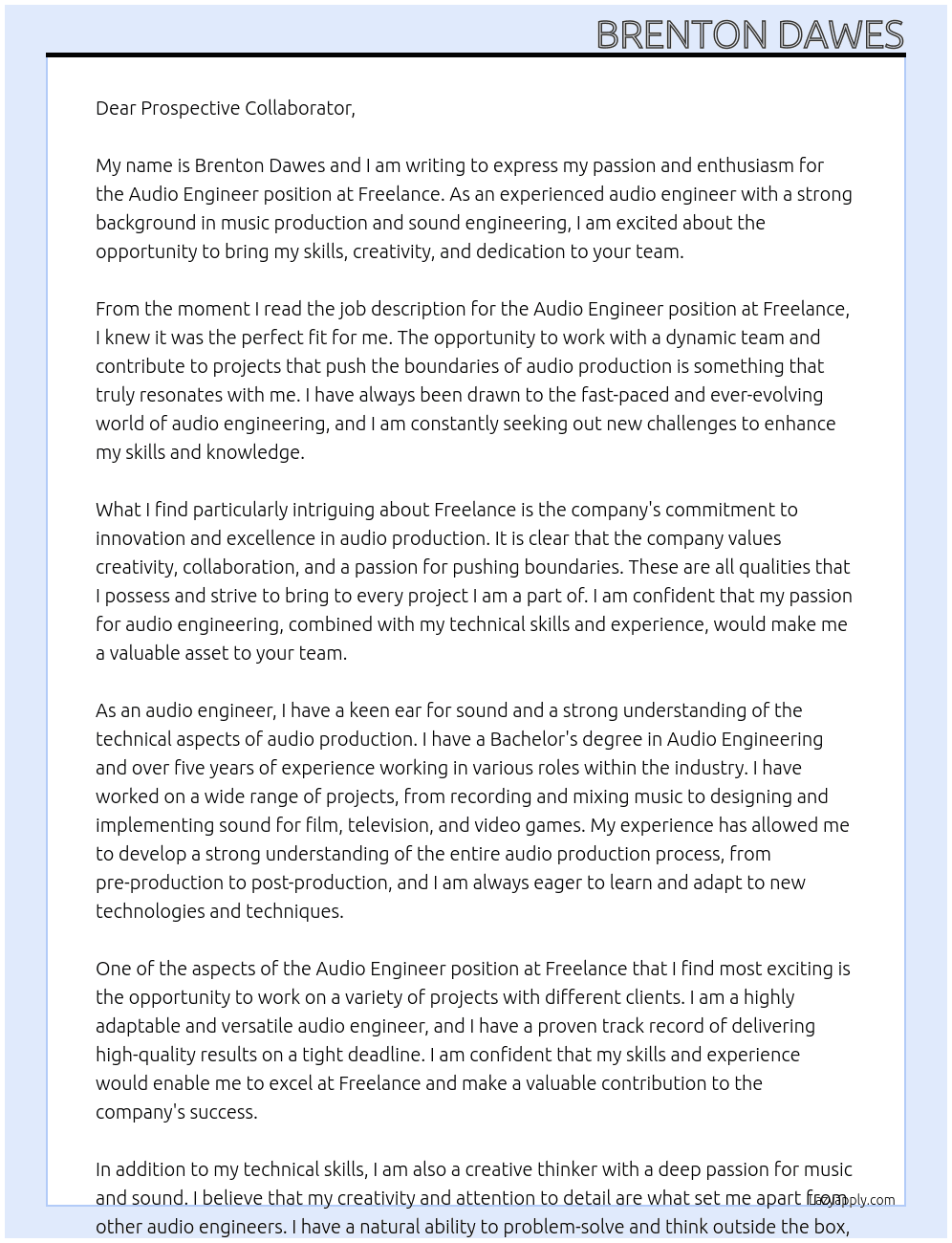 Audio Engineer At Freelance Cover Letter