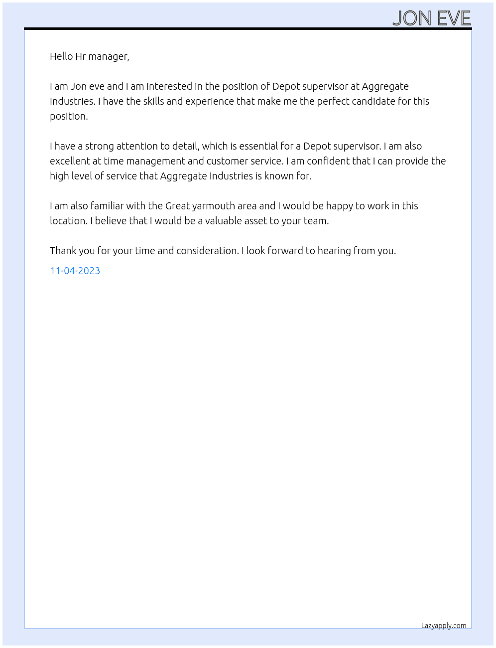 Depot supervisor  At Aggregate Industries  Cover Letter