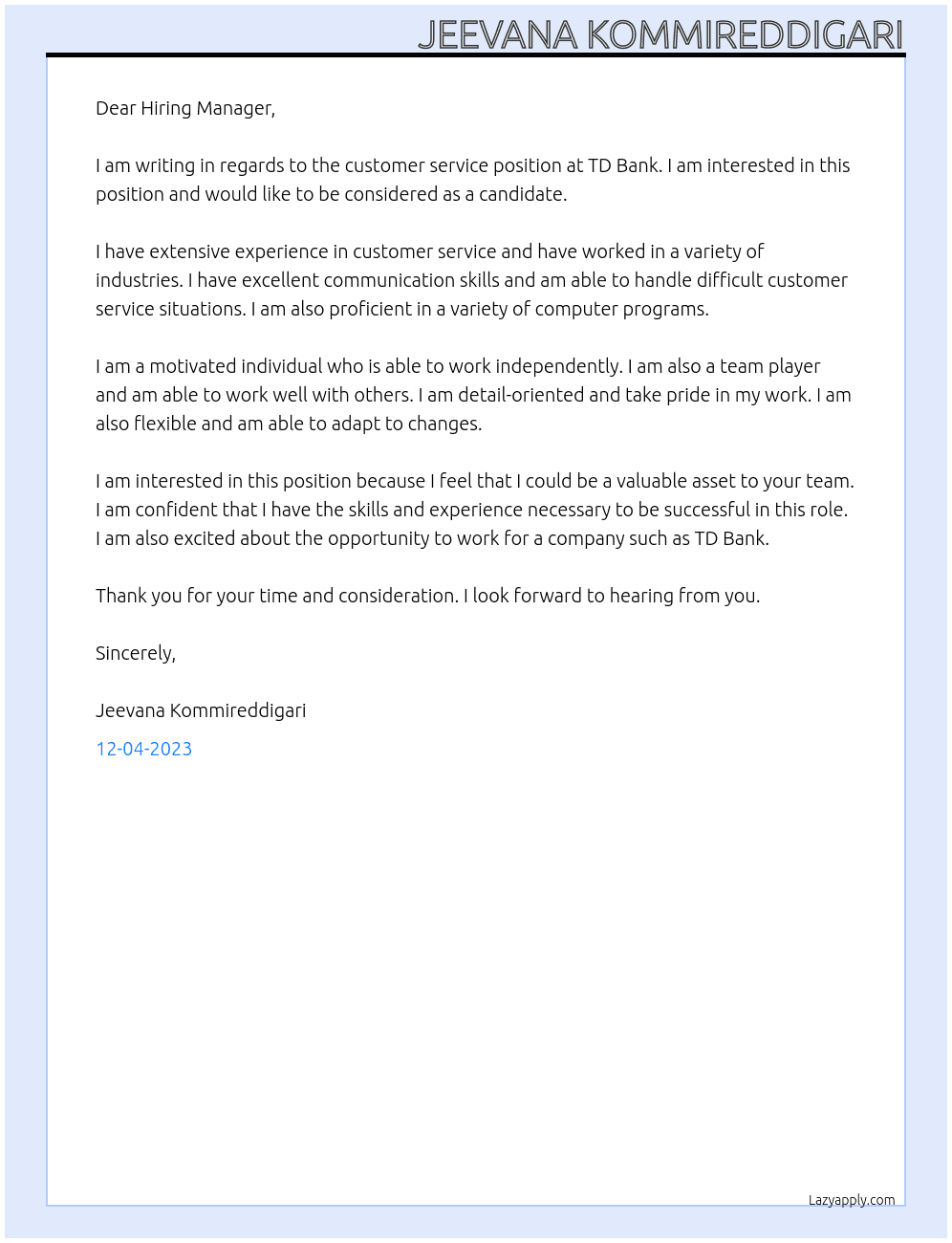 customer service At TD Bank Cover Letter