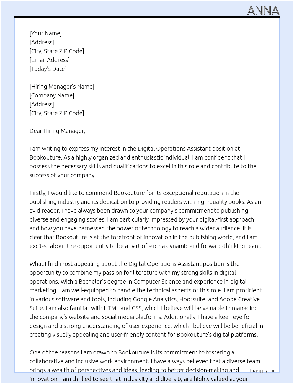 Digital Operations Assistant At Bookouture Cover Letter