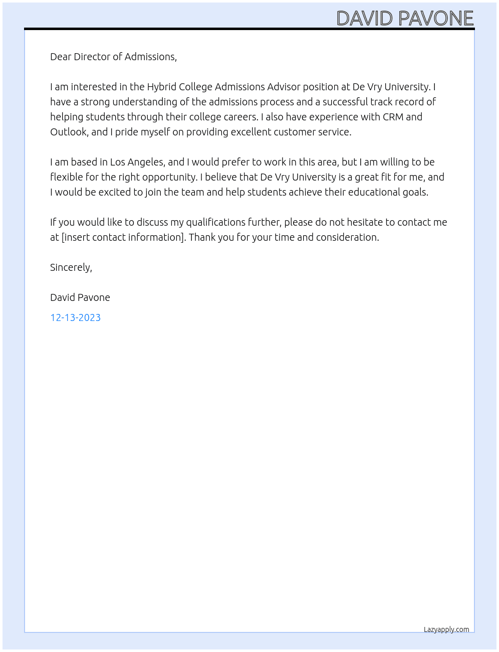 Hybrid College Admissions Advisor At De Vry University Cover Letter
