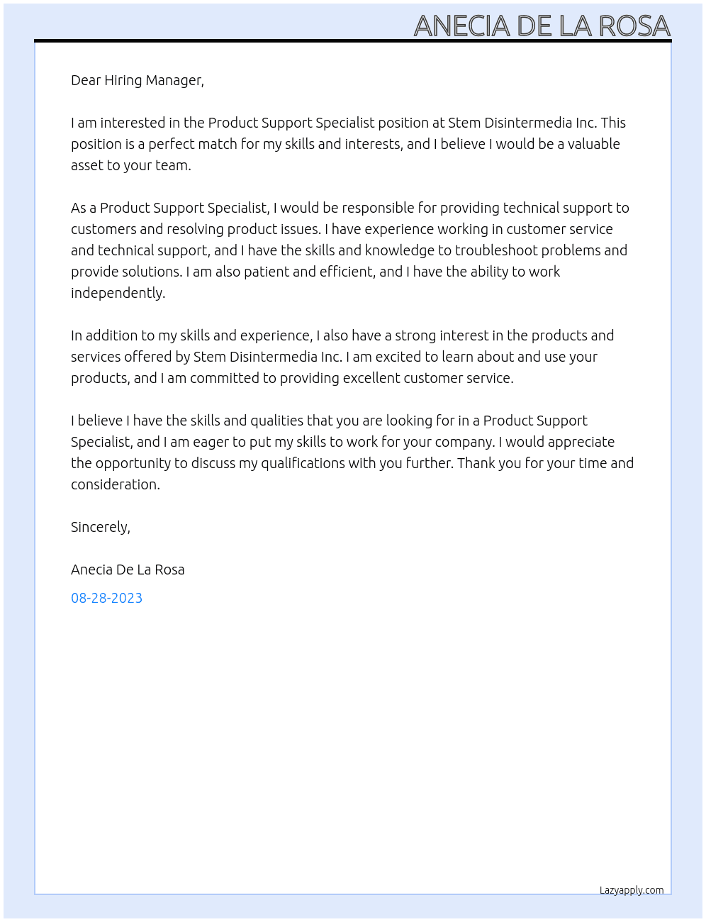 Product Support Specialist At Stem Disintermedia Inc Cover Letter