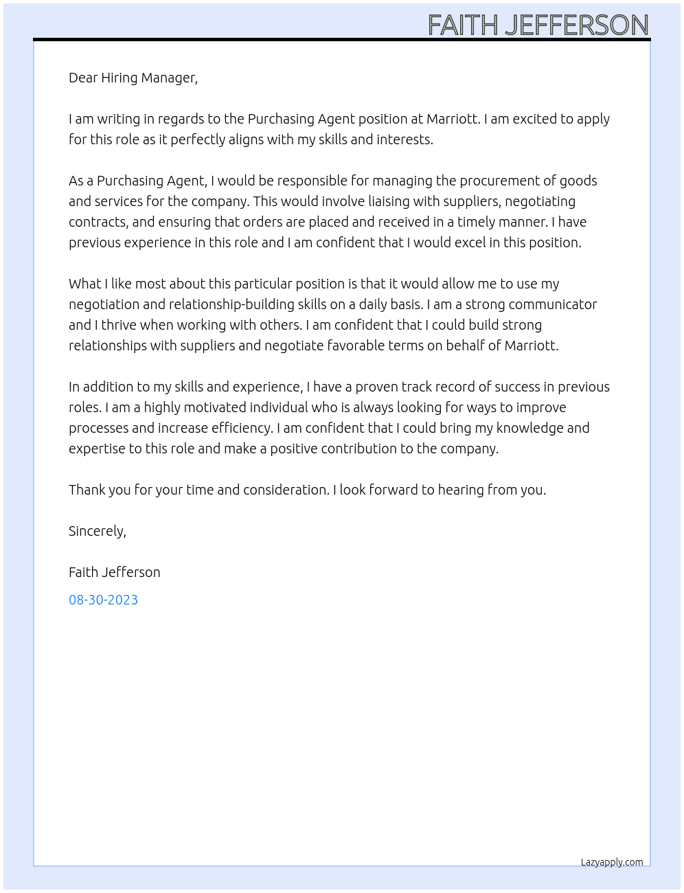 Purchasing Agent At Marriott Cover Letter
