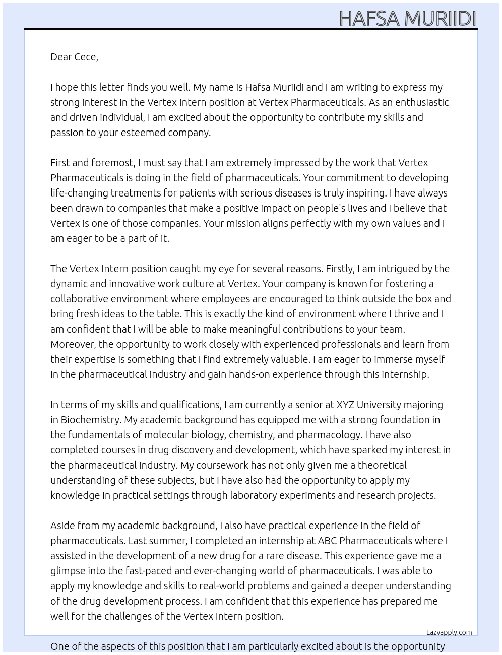 Vertex Intern  At Vertex Pharmacuticles  Cover Letter