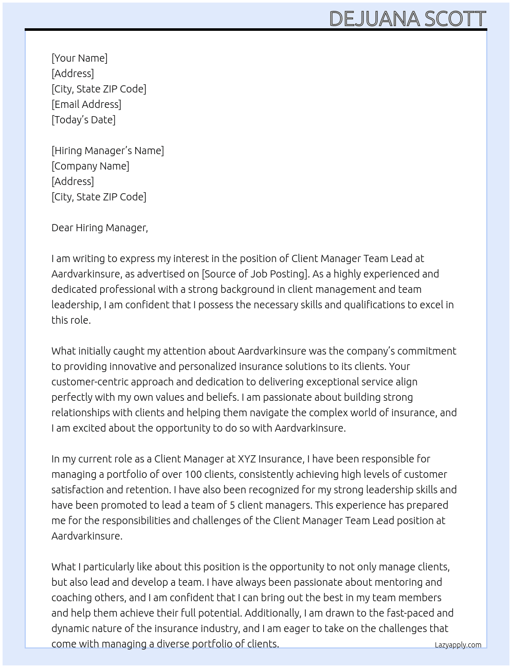 Client Manager Team Lead At Aardvarkinsure Cover Letter