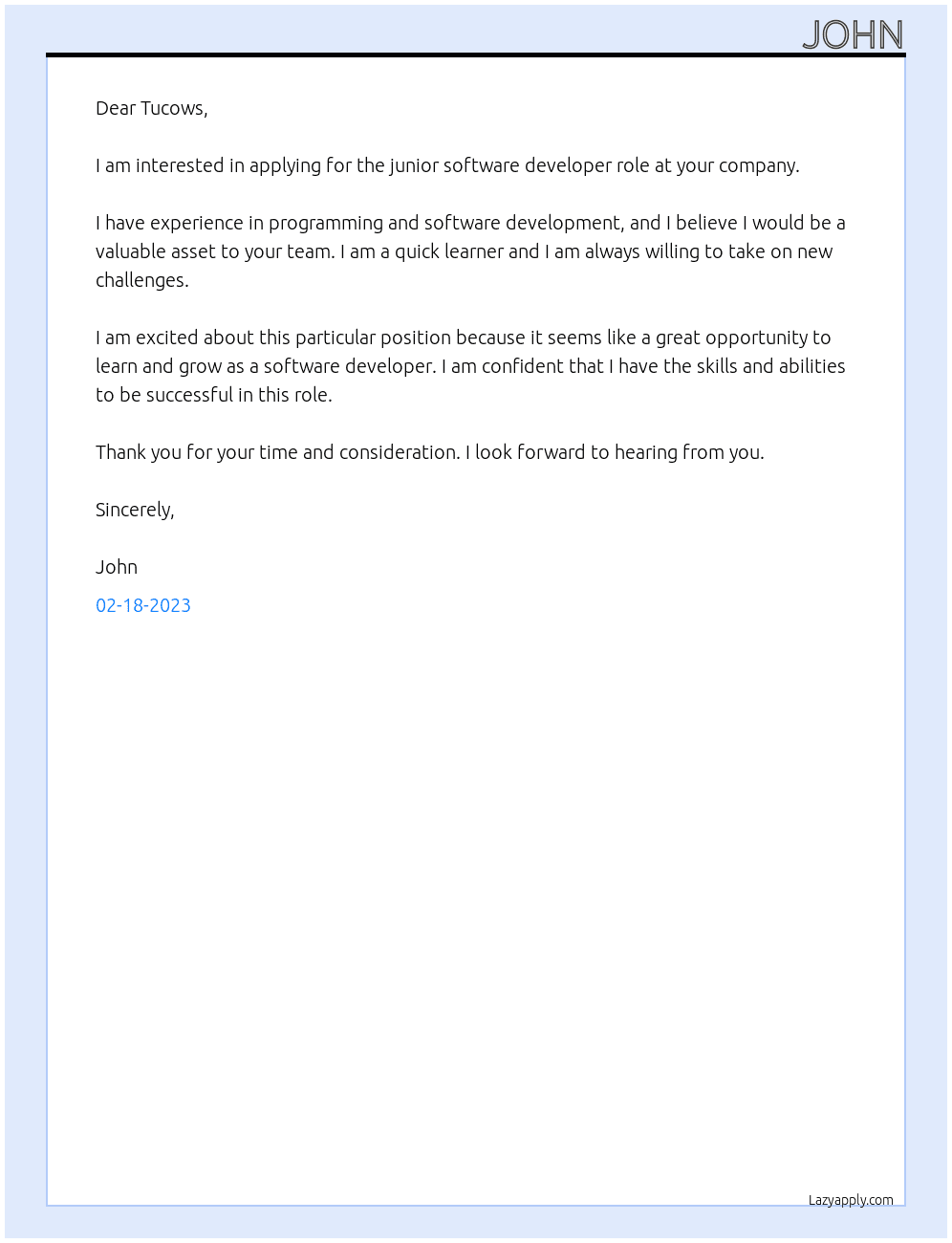 junior software developer At tucows Cover Letter