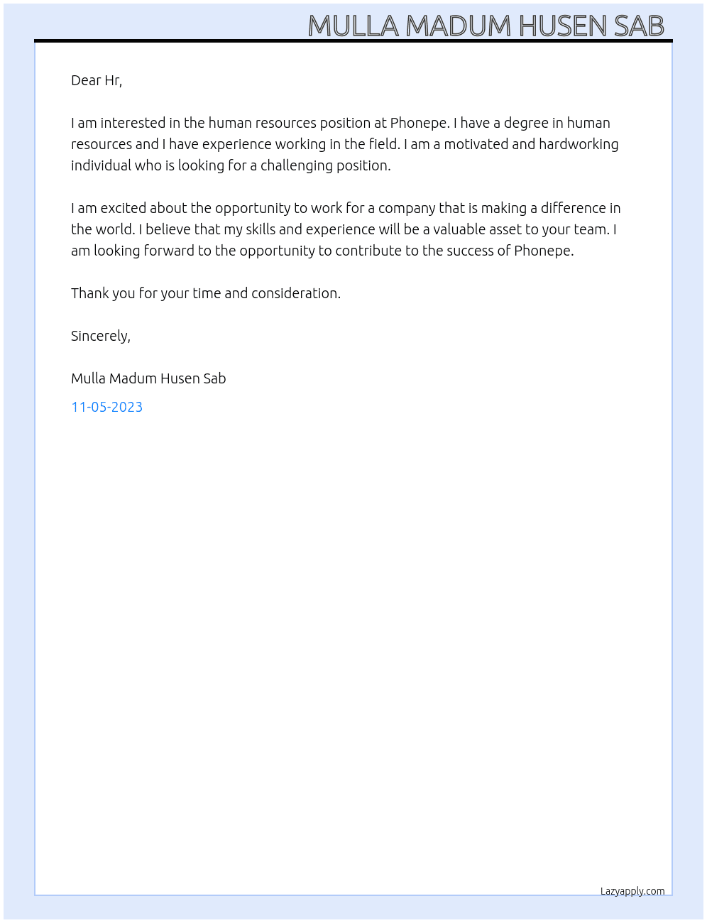 Human resources  At Phonepe Cover Letter