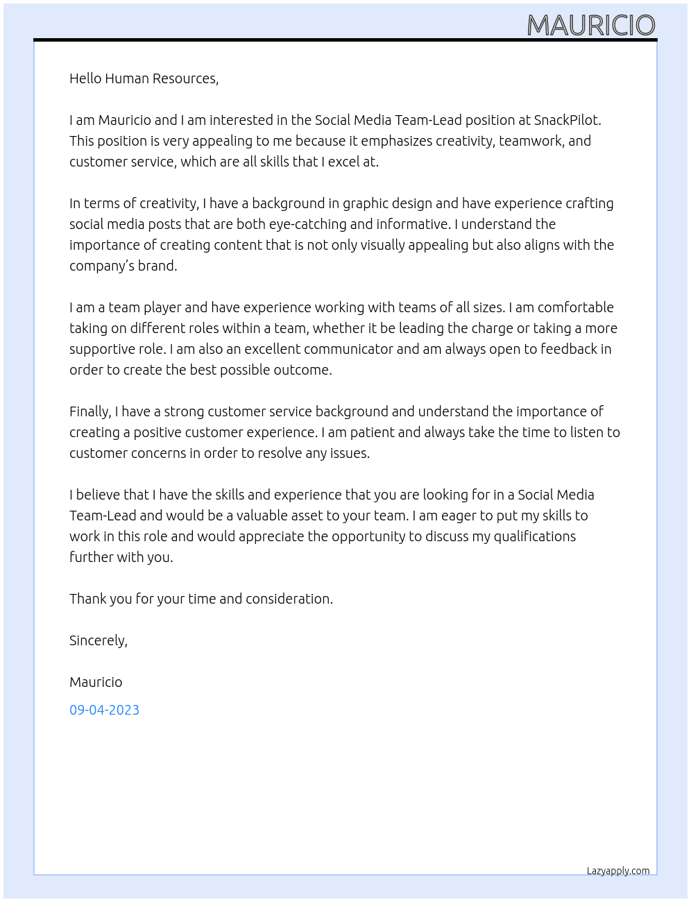 Social Media Team-Lead  At SnackPilot Cover Letter