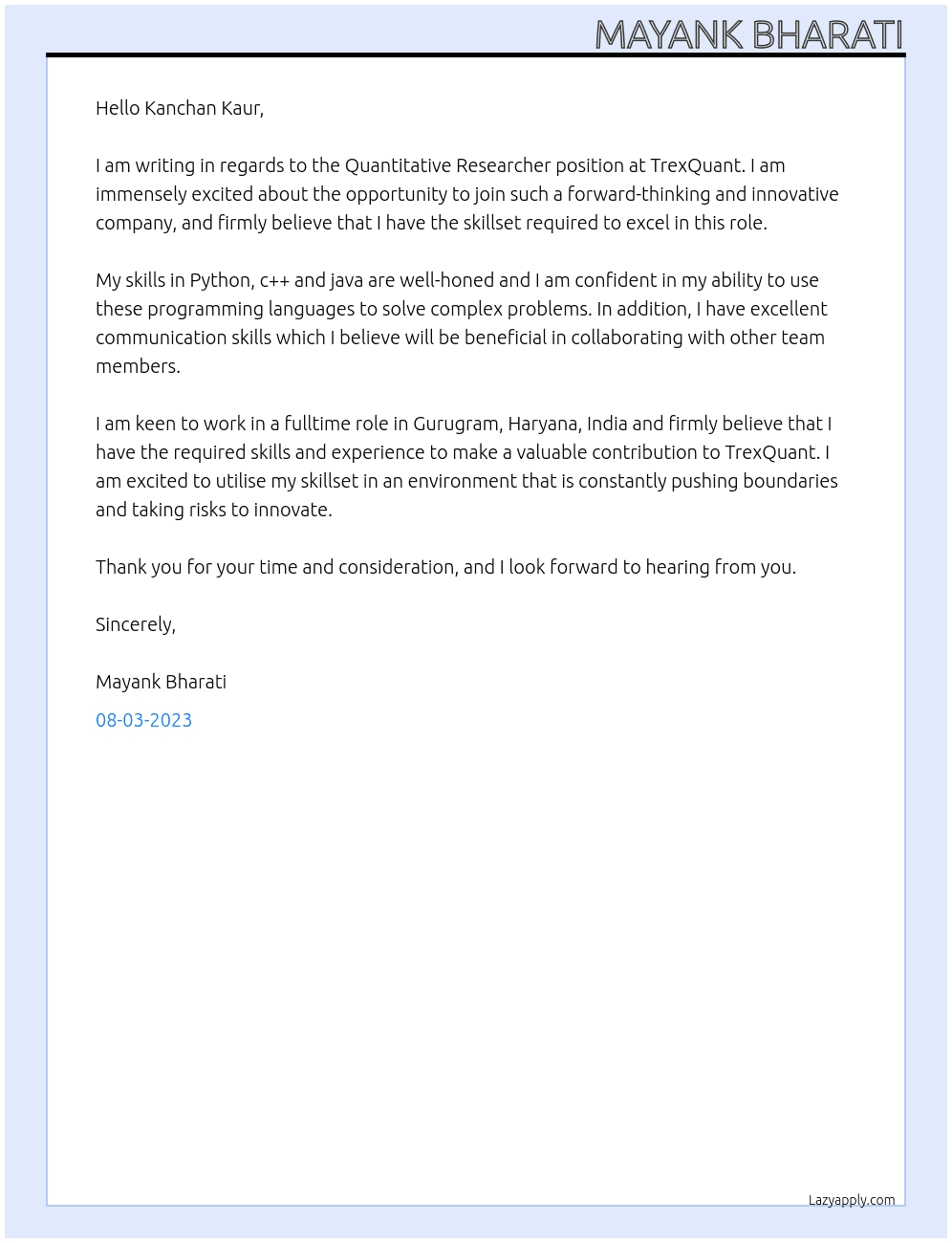 Quantitative Researcher  At TrexQuant Cover Letter