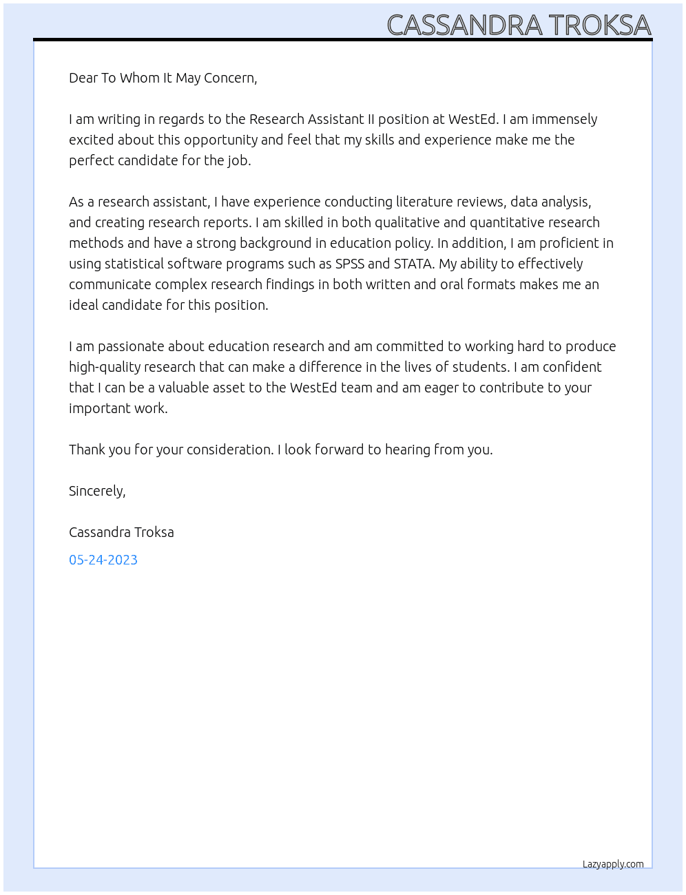 Research Assistant II At WestEd Cover Letter
