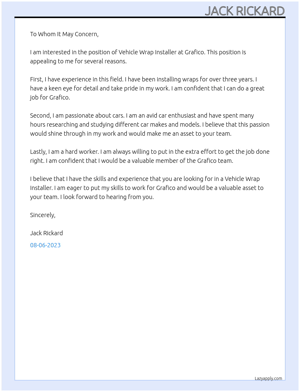 Vehicle Wrap Installer At Grafico Cover Letter