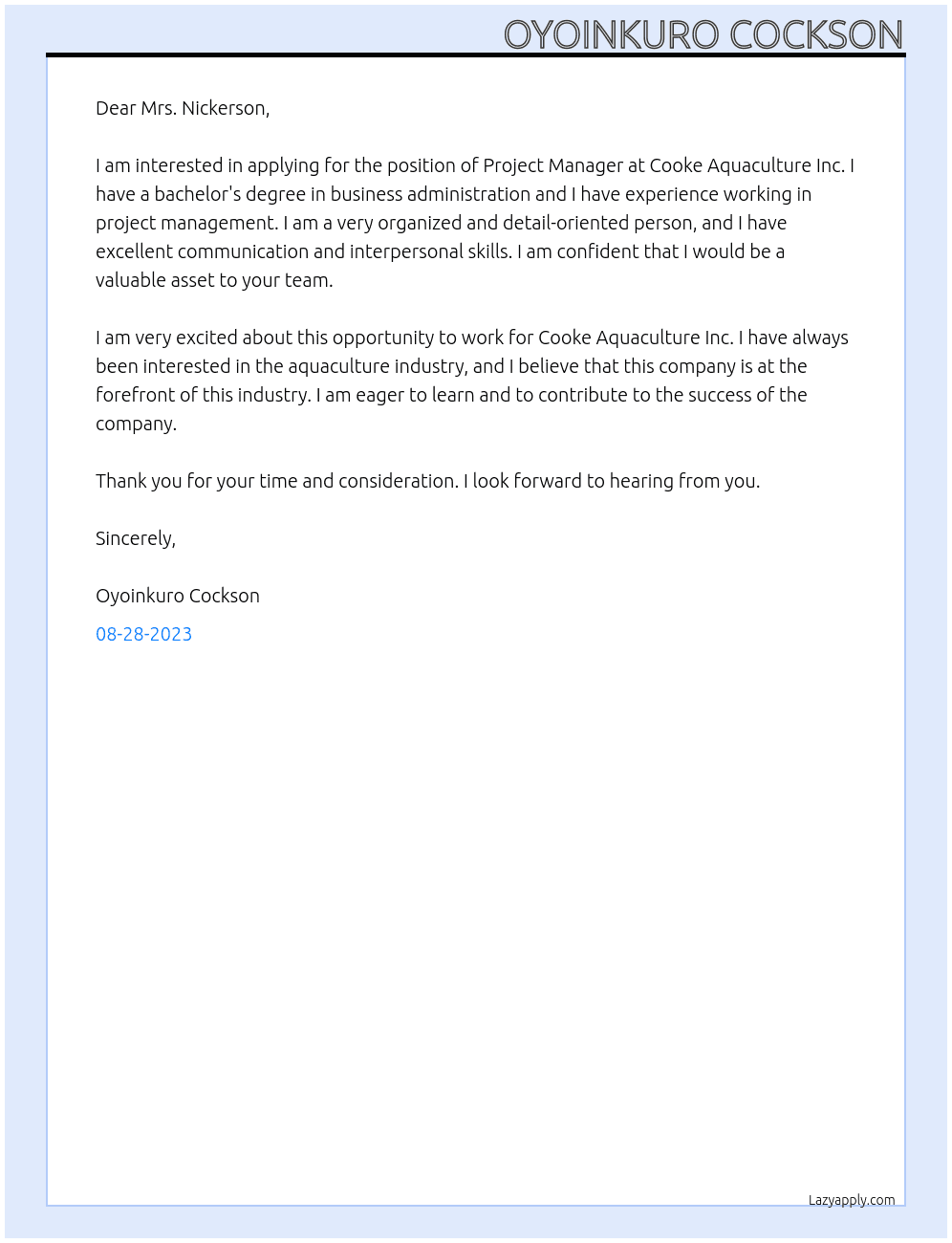Project Manager At Cooke Aquaculture Inc. Cover Letter