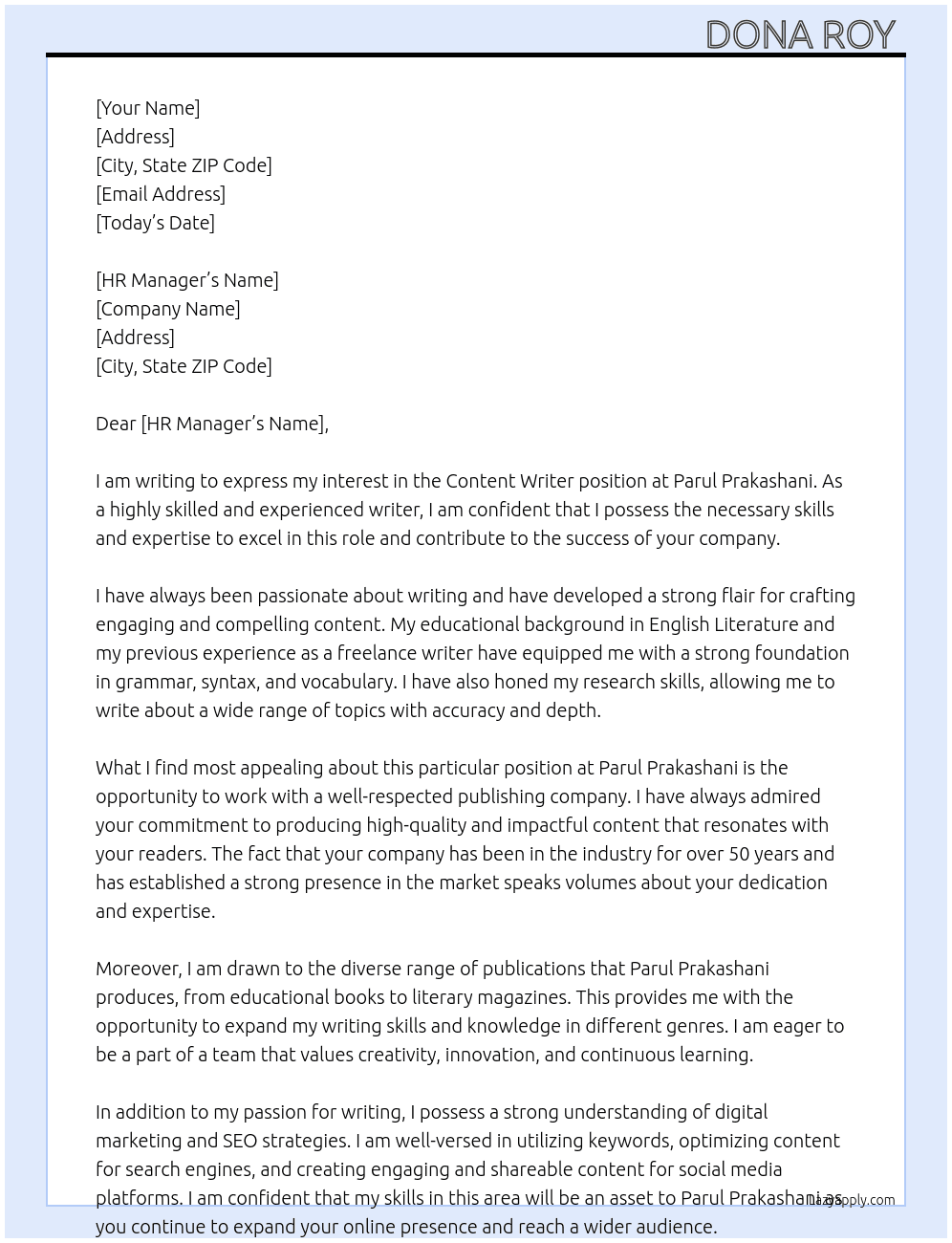 Content writer  At Parul Prakashani Cover Letter