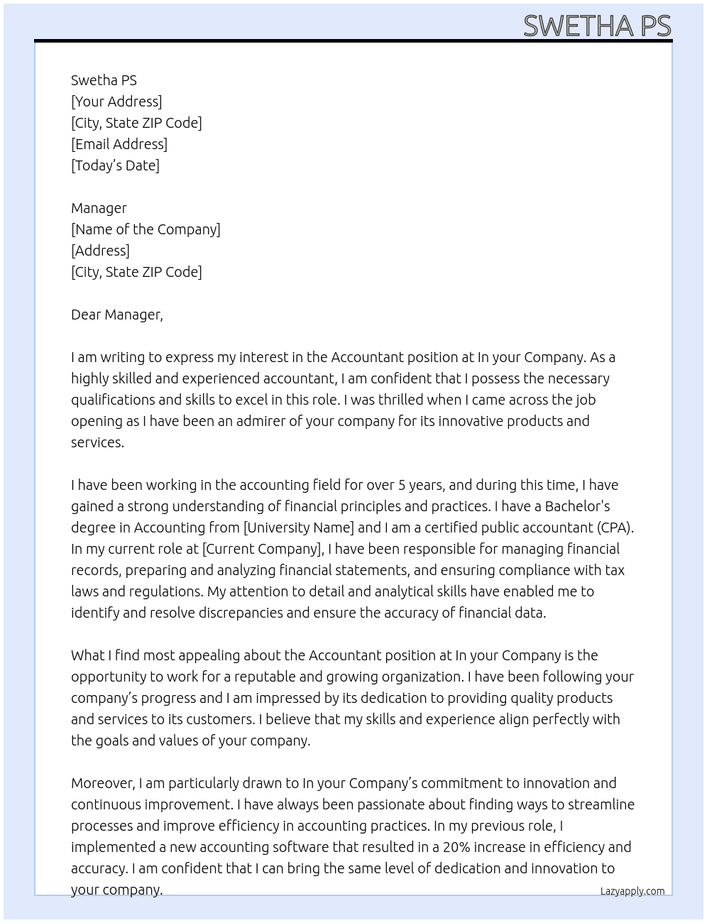 Accountant At In your Company Cover Letter