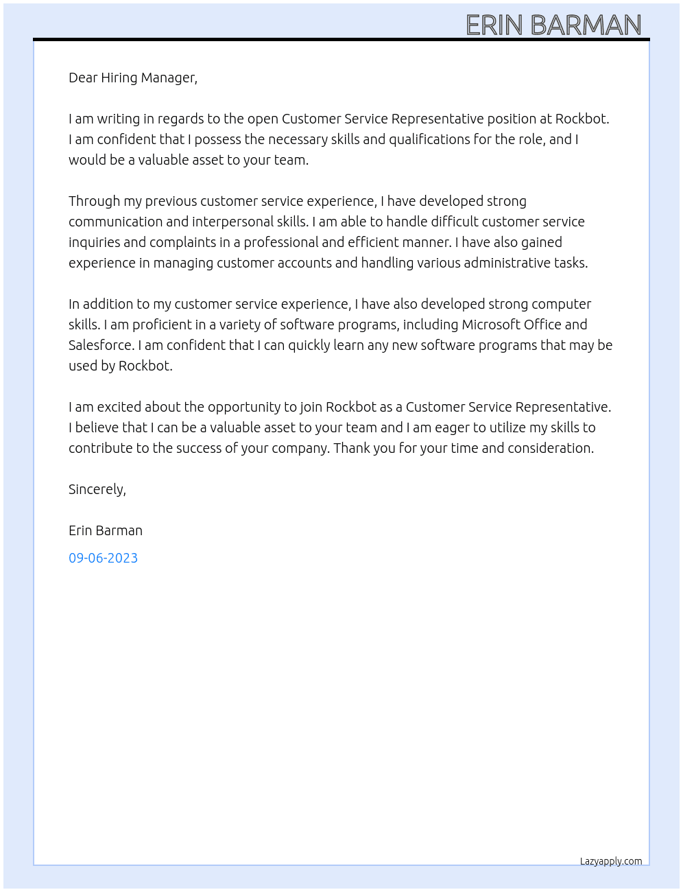 Customer service representative At Rockbot Cover Letter