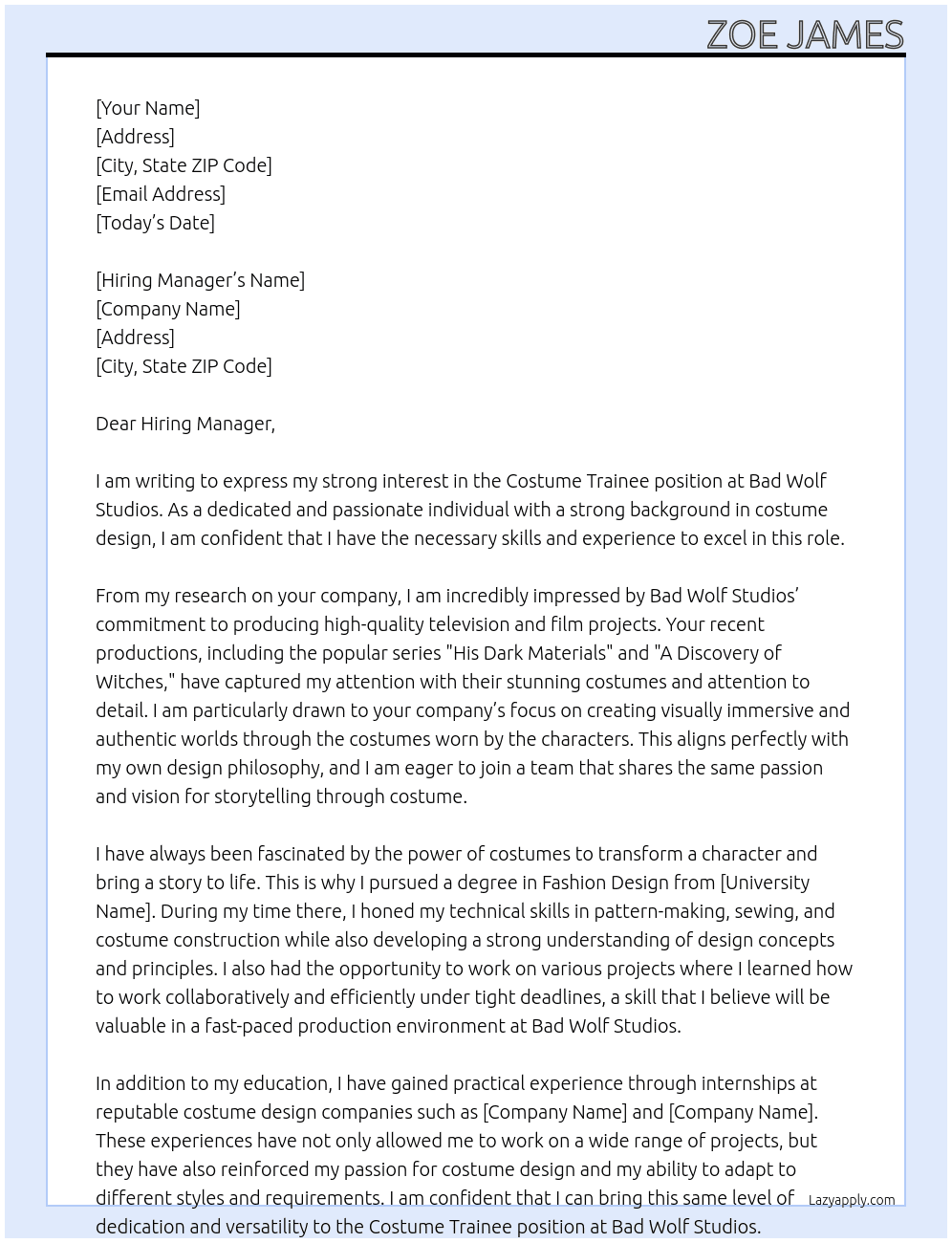 Costume Trainee At Bad Wolf Studios  Cover Letter