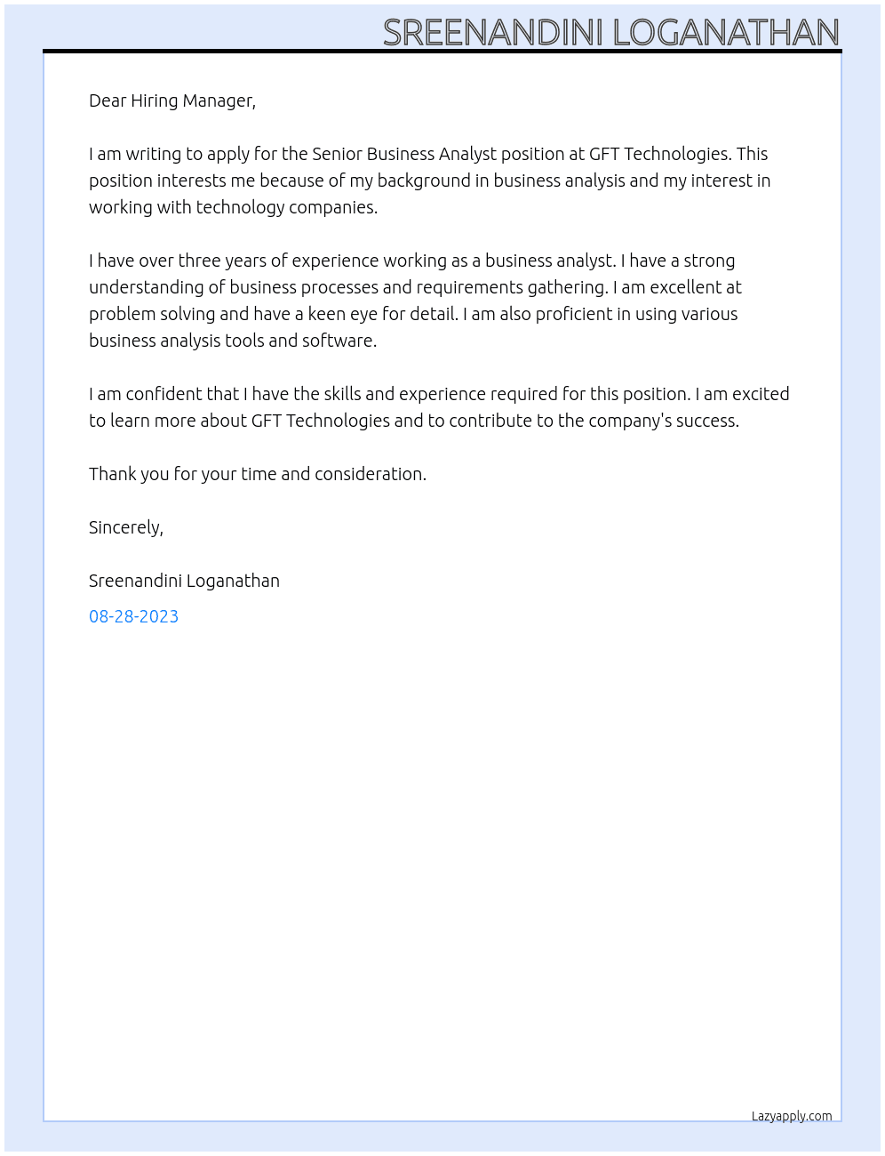 Senior Business Analyst At GFT Technologies Cover Letter