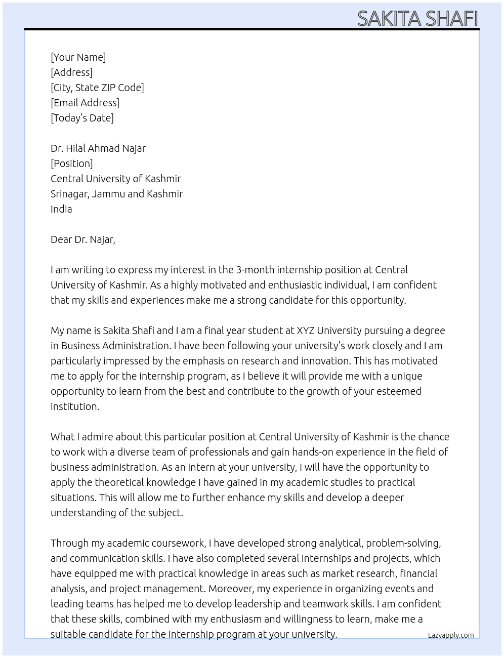 3 month internship At Central university of kashmir Cover Letter