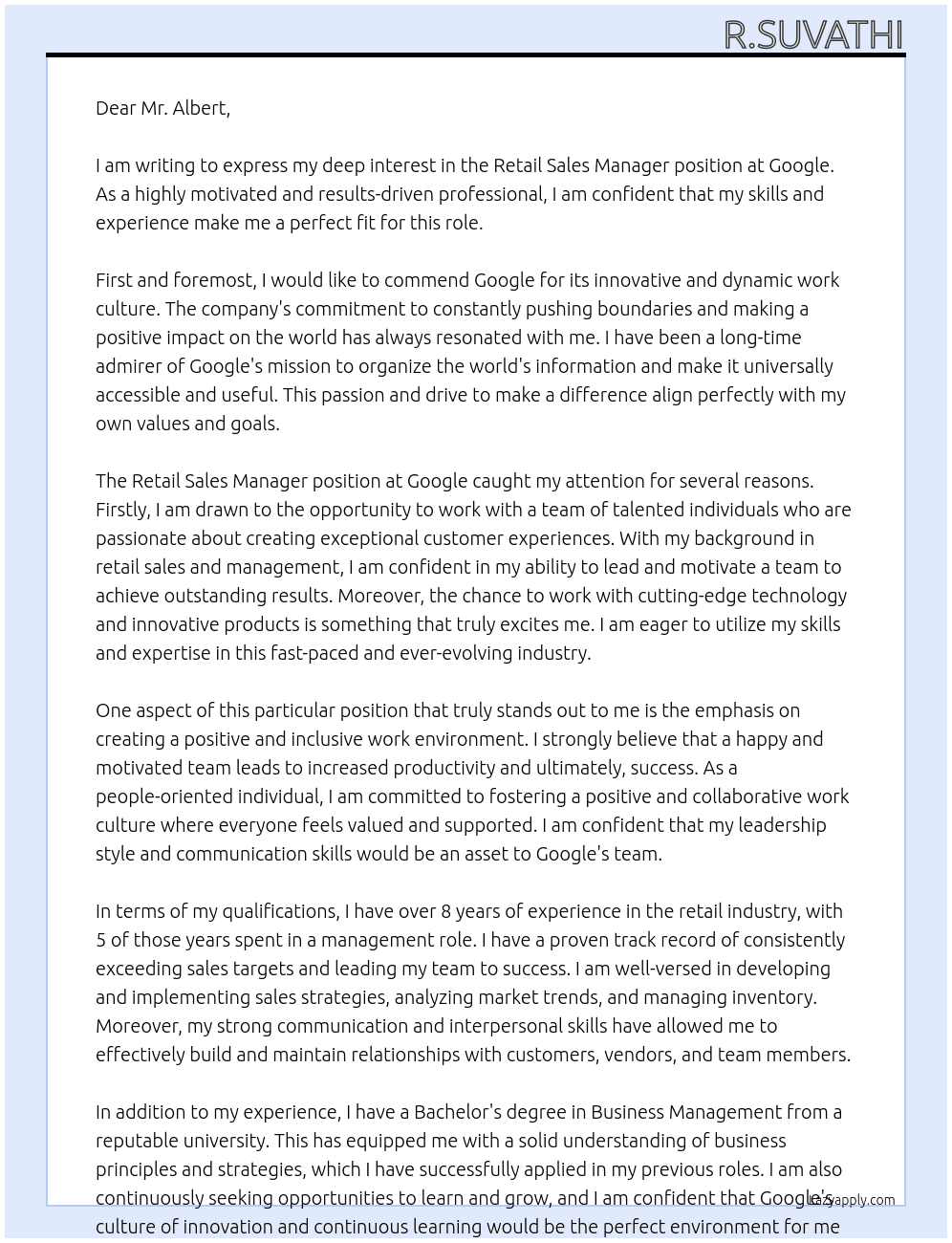 Retail sales manager  At Google  Cover Letter