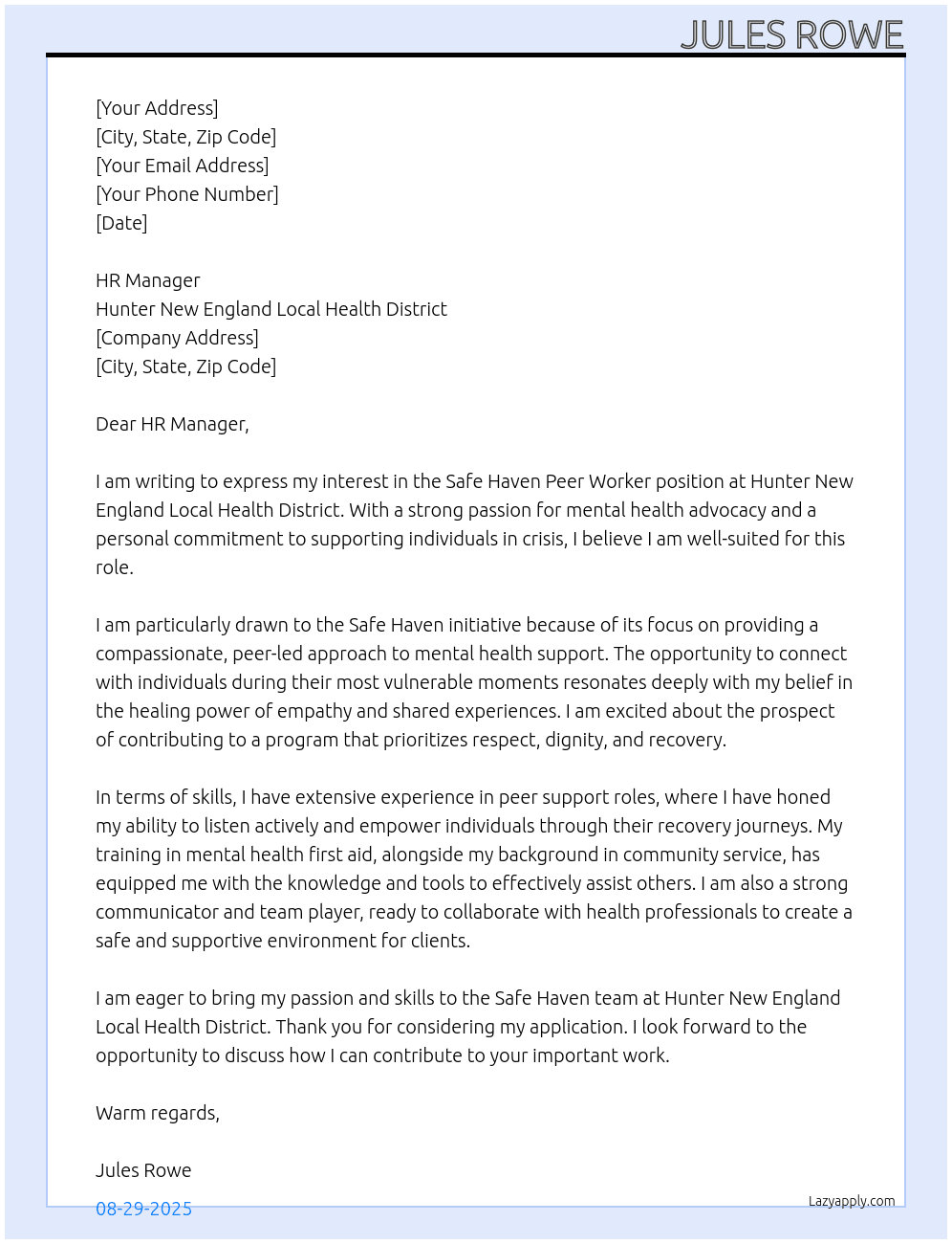 Safe Haven Peer Worker At Hunter New England Local Health District Cover Letter