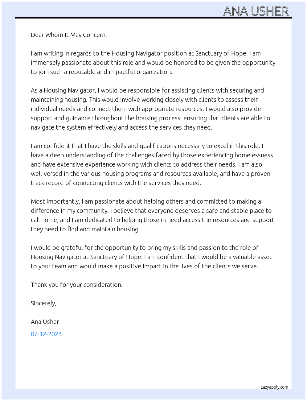 Housing Navigator At Sanctuary of Hope Cover Letter