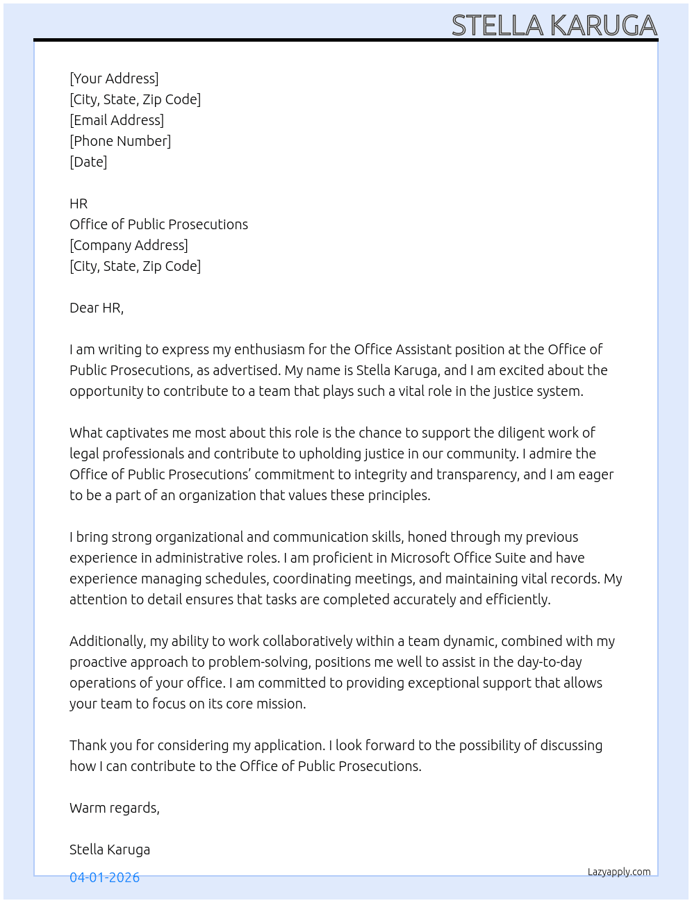 Cover letter for office assistant - LazyApply