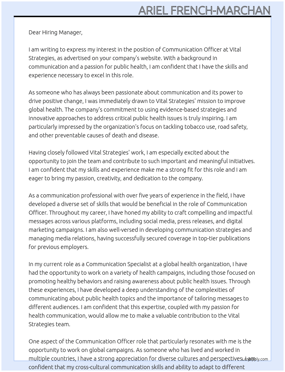 Communication Officer At Vital Strategies Cover Letter