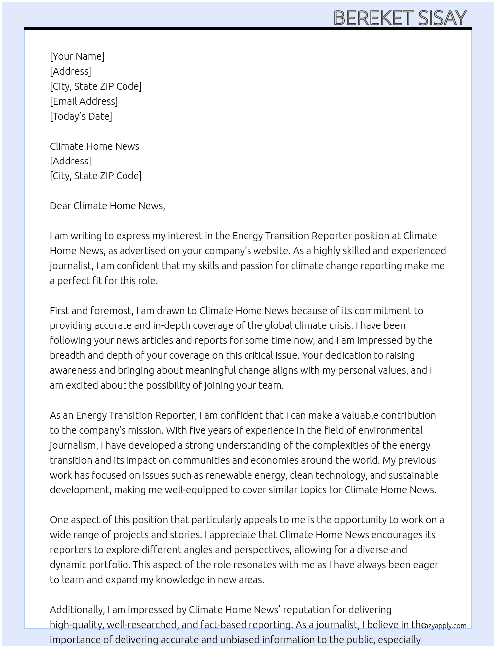energy transition reporter  At Climate Home News Cover Letter