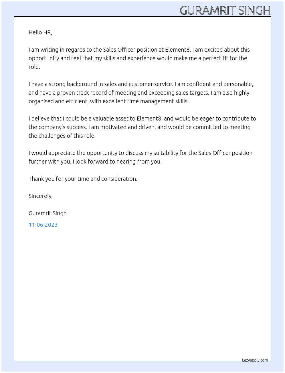 Sales officer At element8 Cover Letter