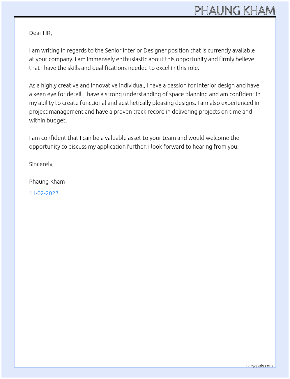 senior interior designer  At Interior & Furniture Design Company Cover Letter