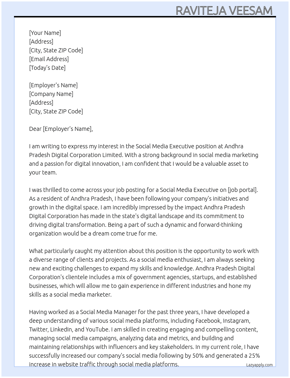 Social media executive  At Andhra Pradesh Digital Corporation  Cover Letter