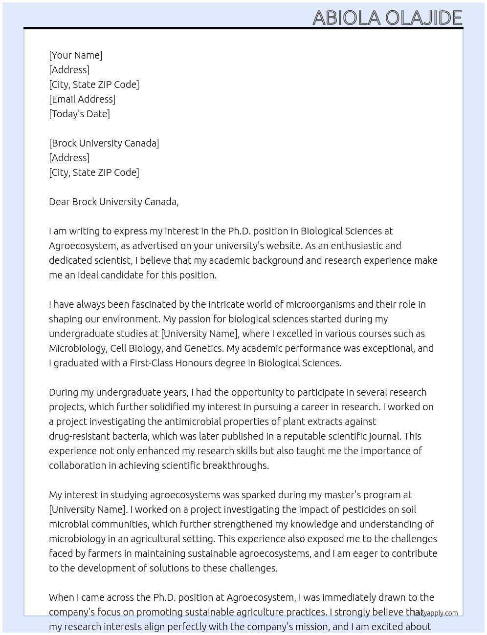 Phd in Biological Sciences At Agroecosystem Cover Letter