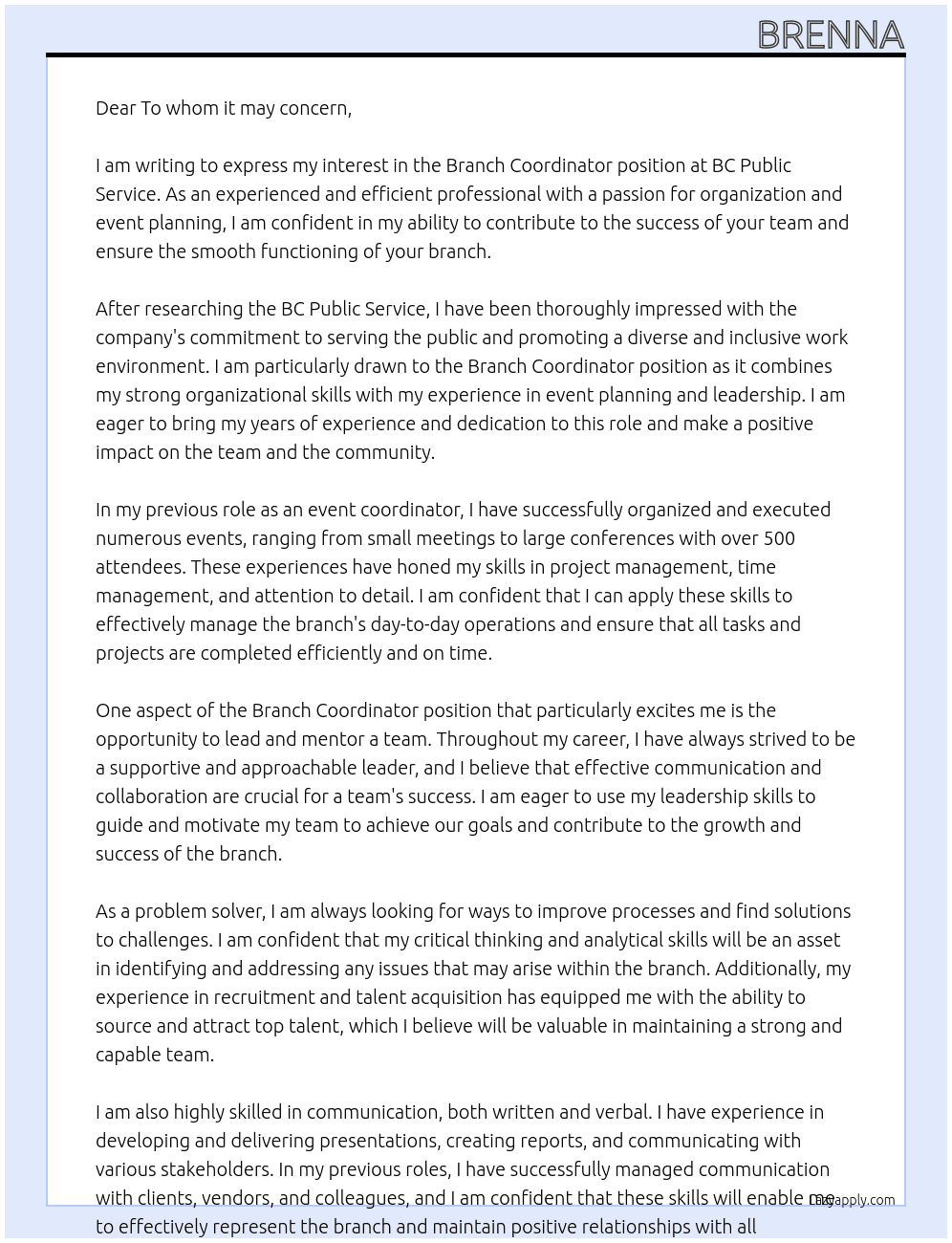 Branch Coordinator At BC Public Service Cover Letter