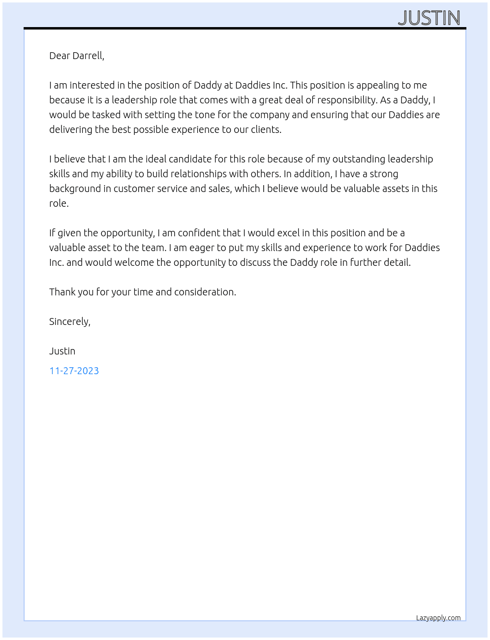 Daddy  At Daddies inc  Cover Letter