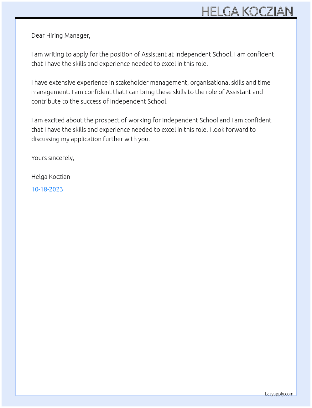 Assistant At Independent school  Cover Letter