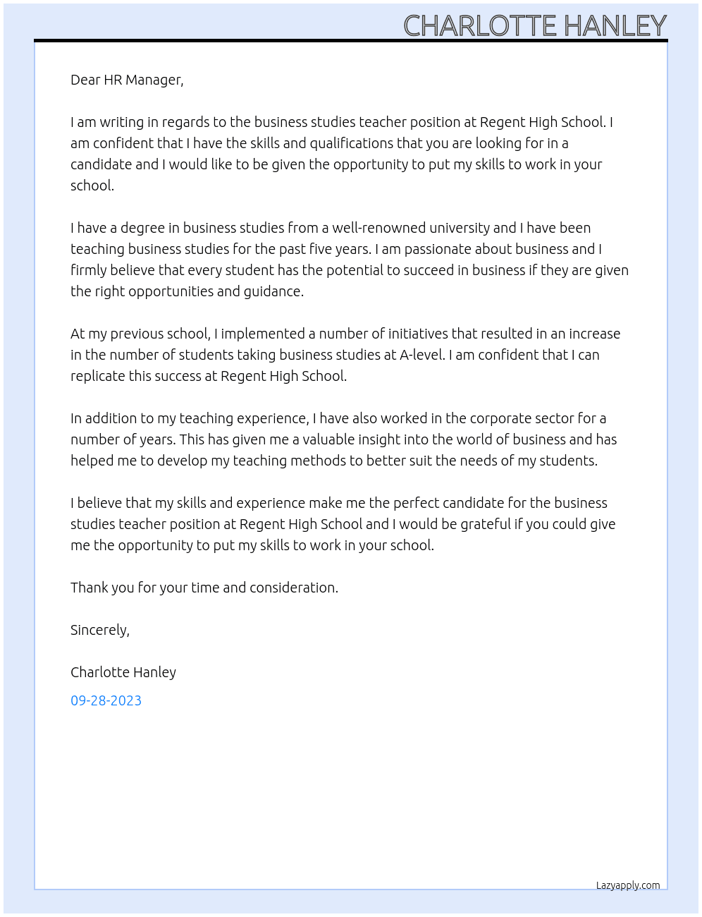 business studies teacher At Regent High School Cover Letter