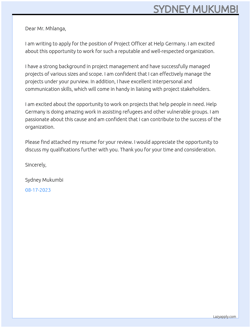 Project Officer At Help Germany Cover Letter