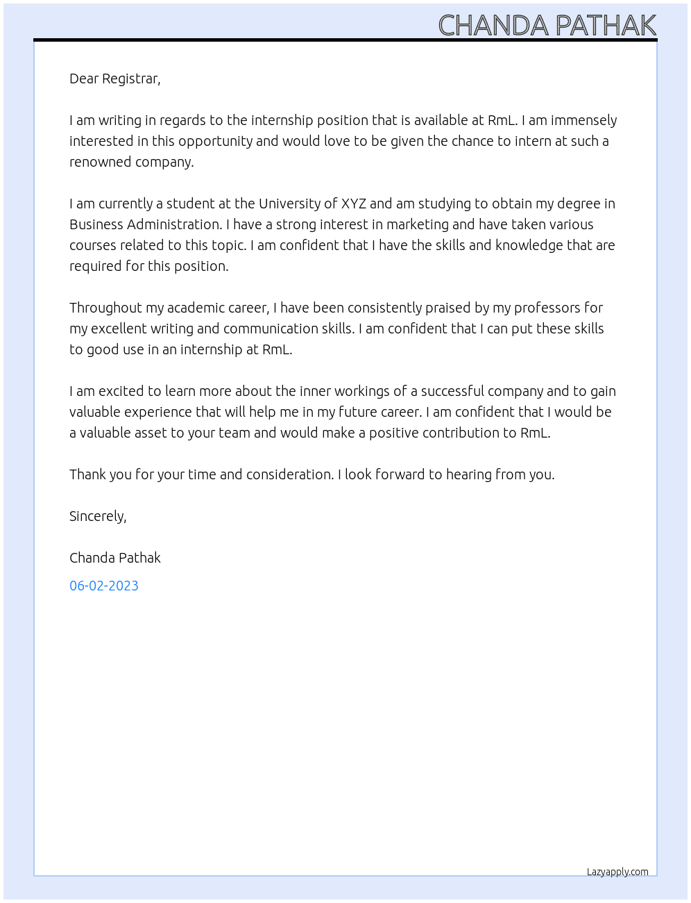 Internship  At RmL Cover Letter