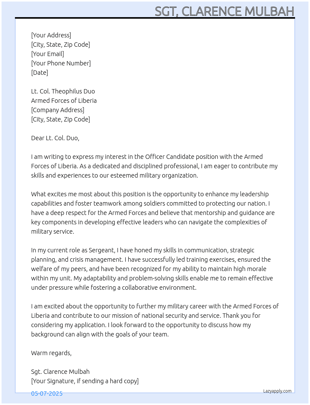 Officer Canedate At Armed Forces of Liberia Cover Letter