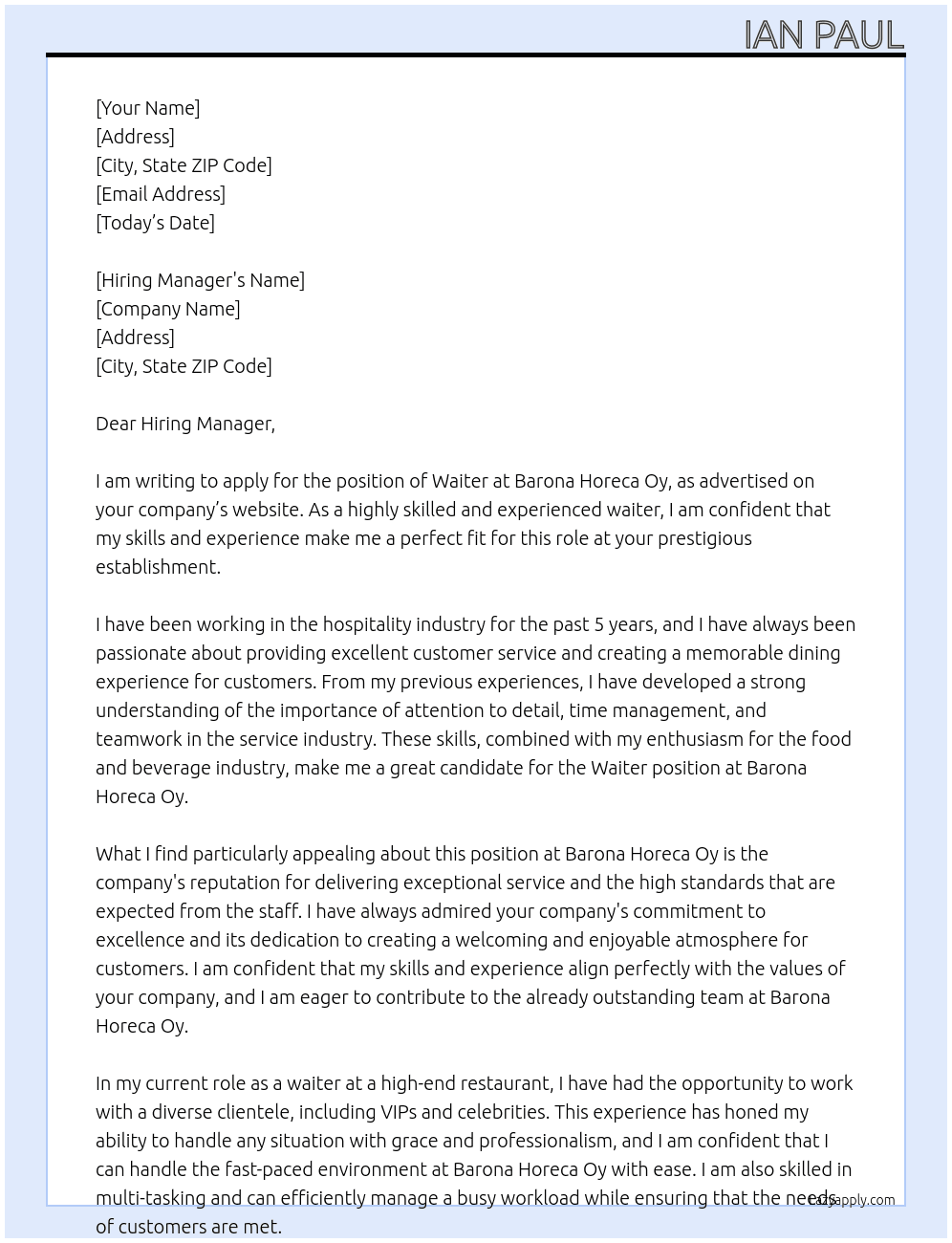 Waiter At Barona Horeca Oy Cover Letter