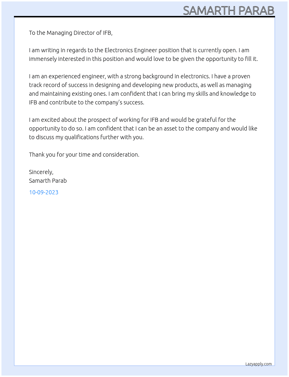 Electronics engineer At IFB Cover Letter