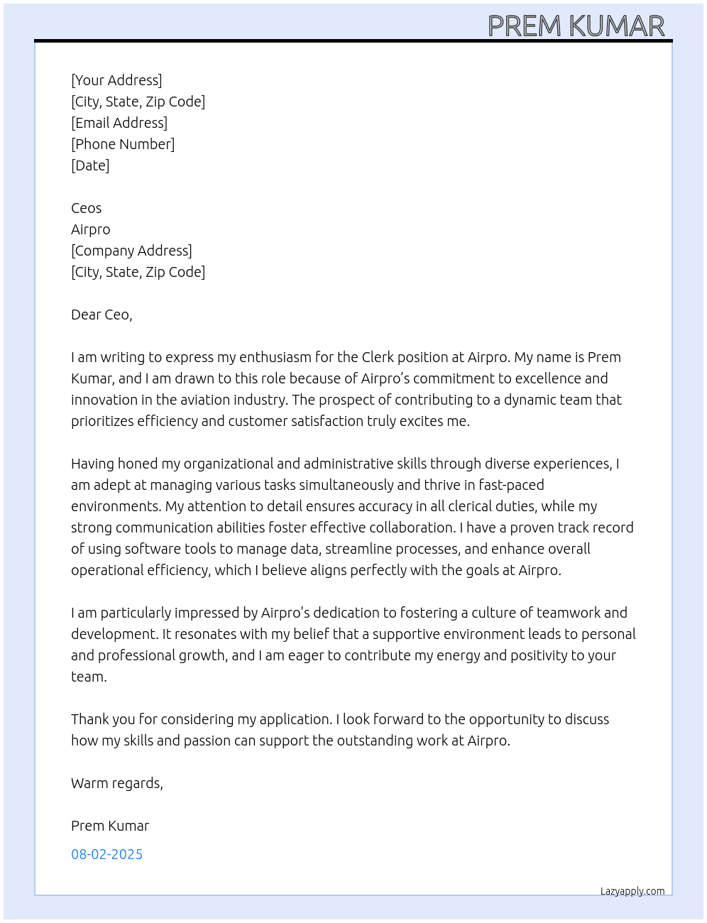 Clerk tasks At Airpro  Cover Letter