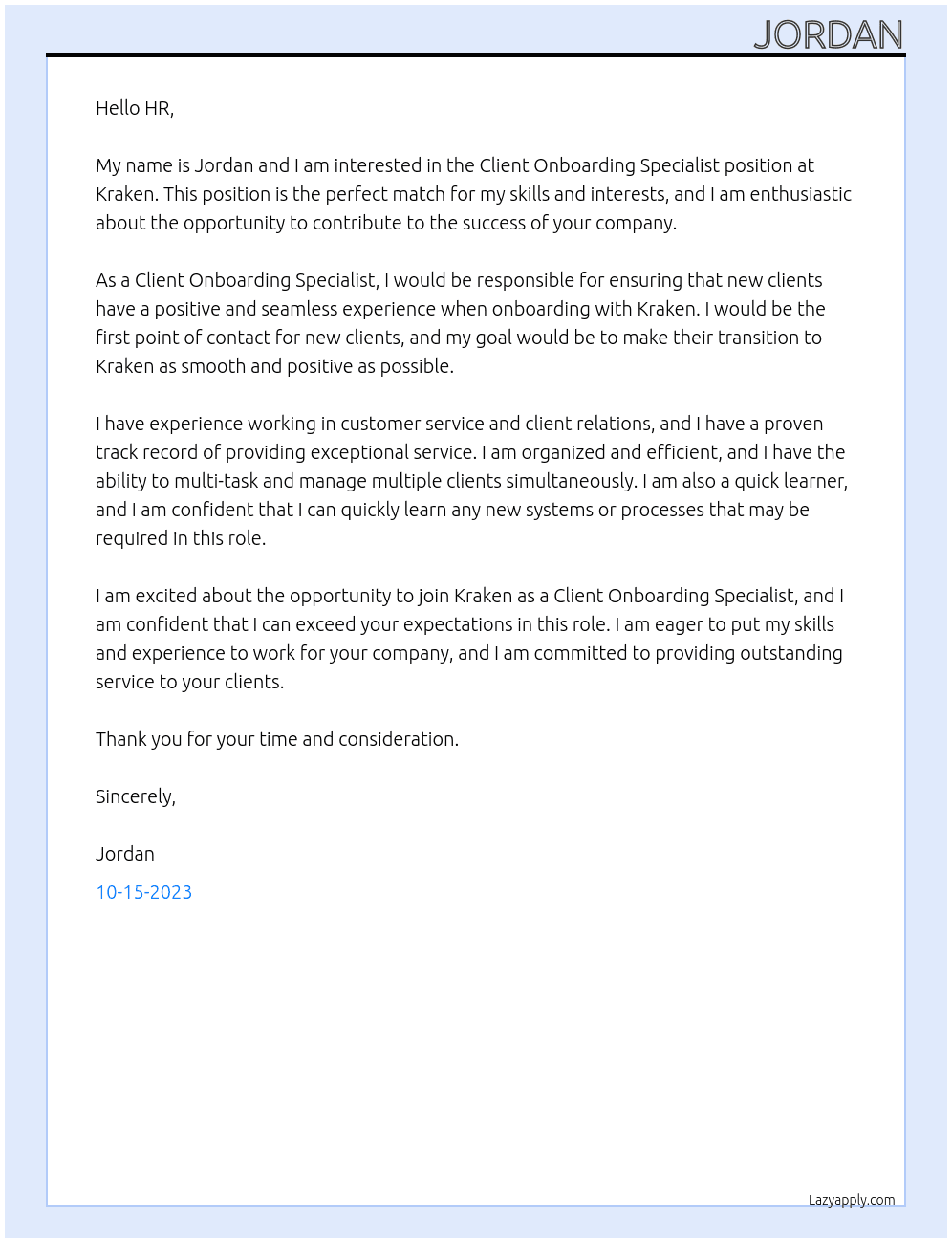 Client onboarding specialist At Kraken Cover Letter