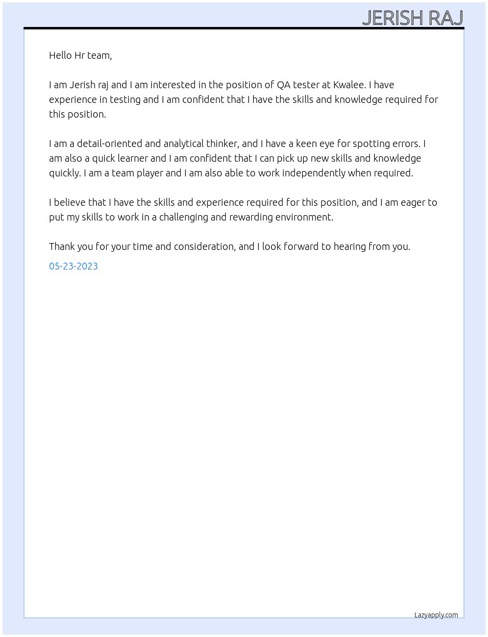 QA tester At Kwalee Cover Letter