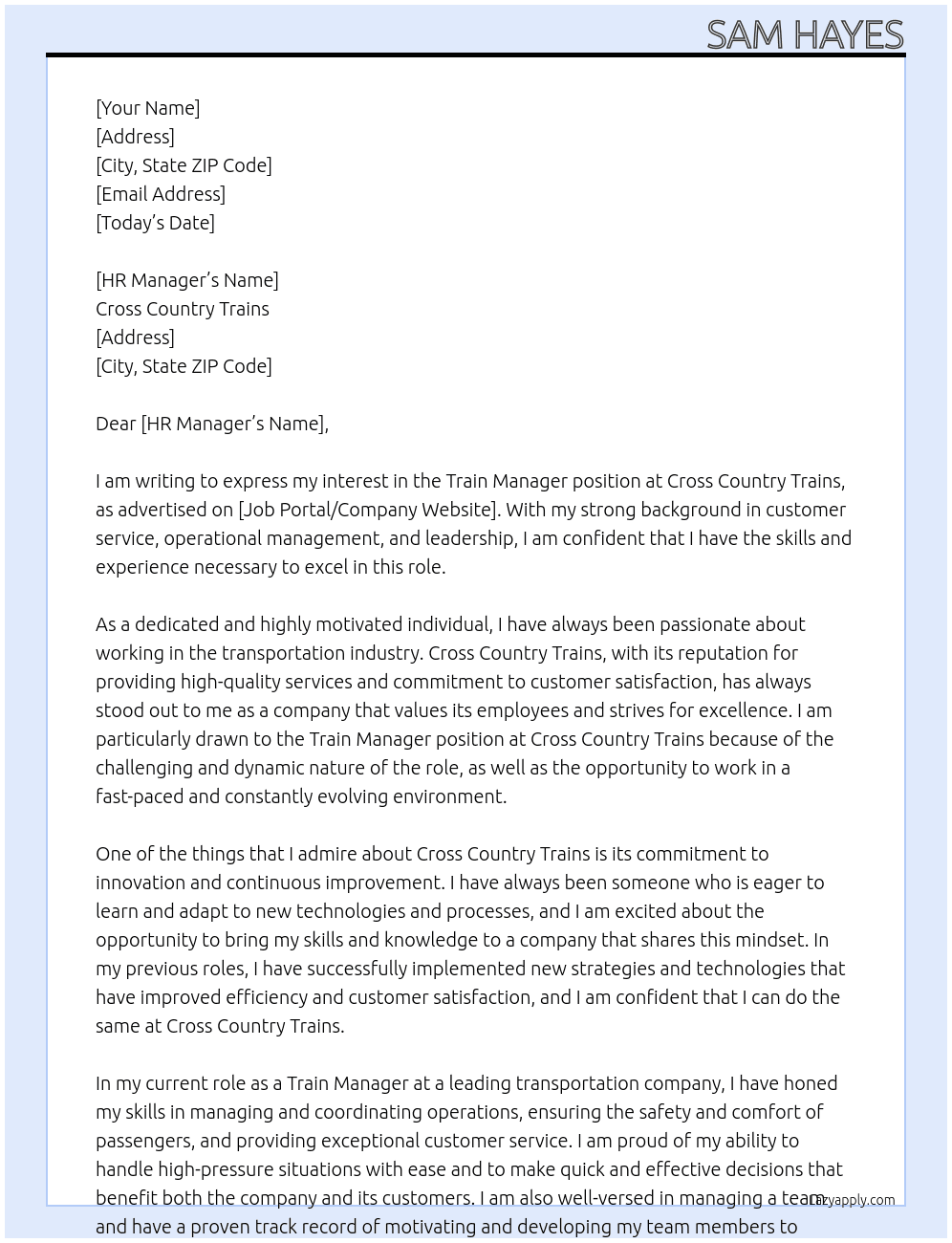 Train Manager At Cross Country Trains  Cover Letter