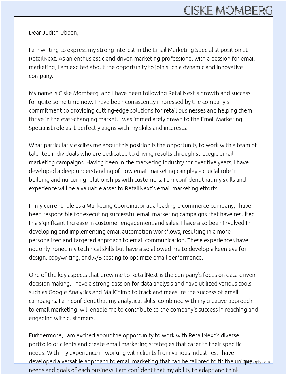 Email Marketing SPecialist At RetailNext Cover Letter