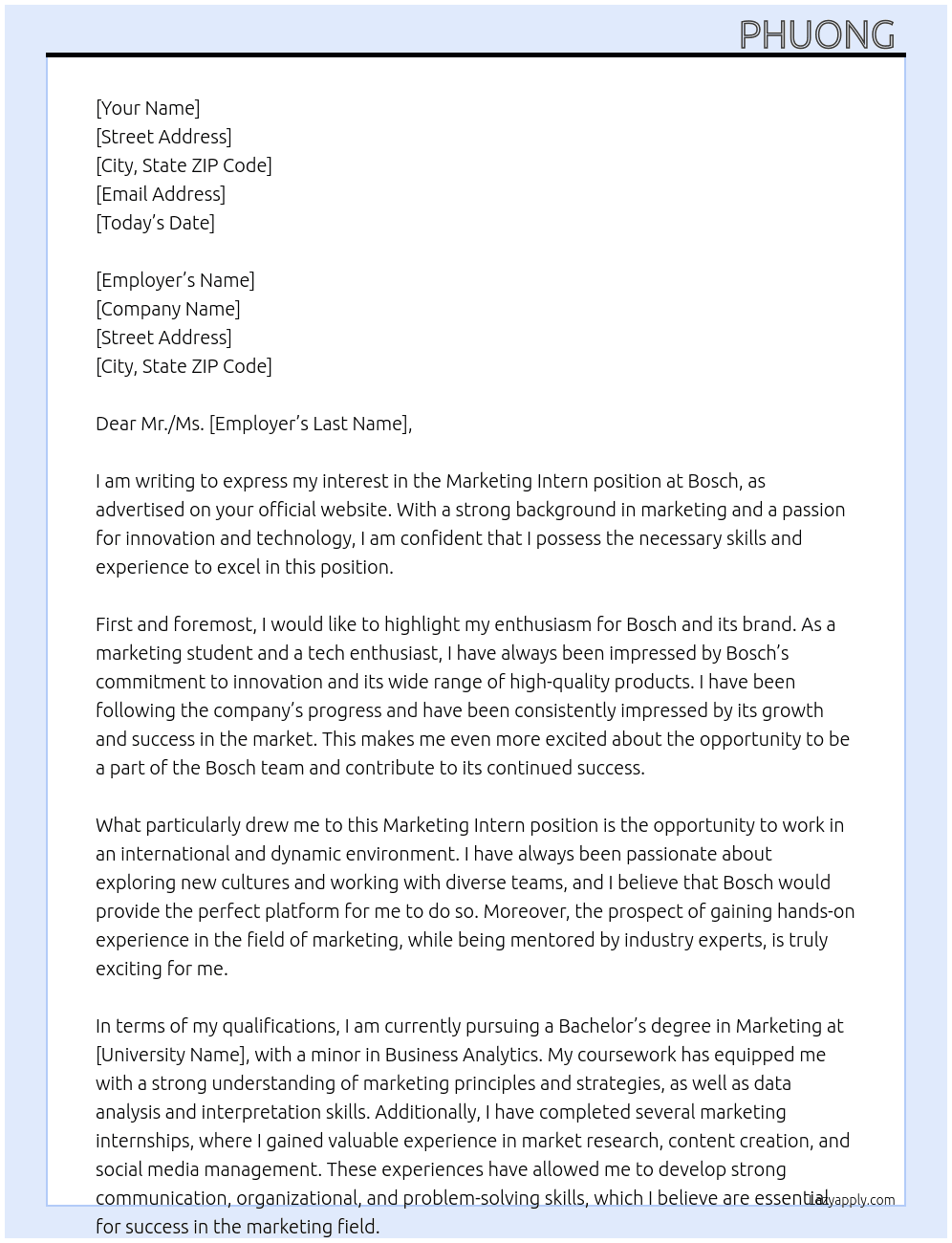 Marketing Intern At Bosch  Cover Letter