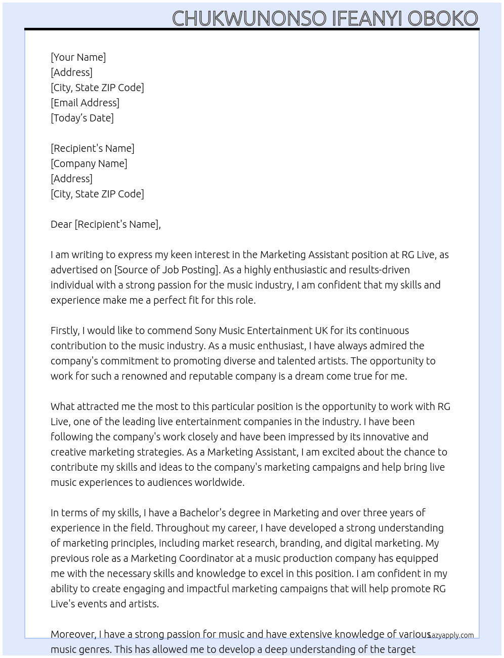 Marketing Assistant - RG Live At Sony Music Entertainment UK Cover Letter