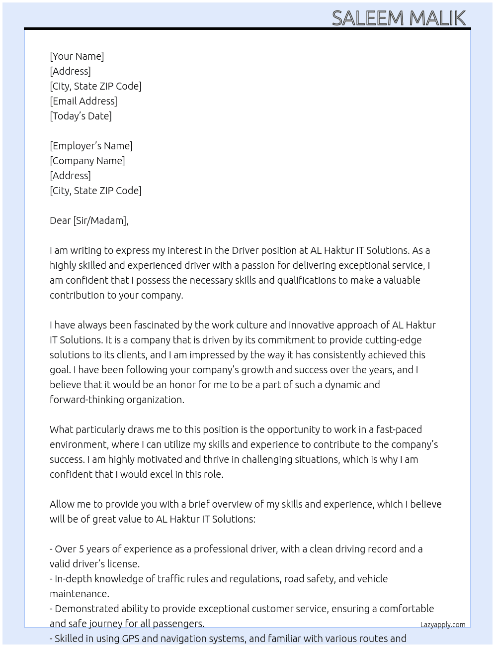 Driver  At AL Haktur IT Solutions  Cover Letter